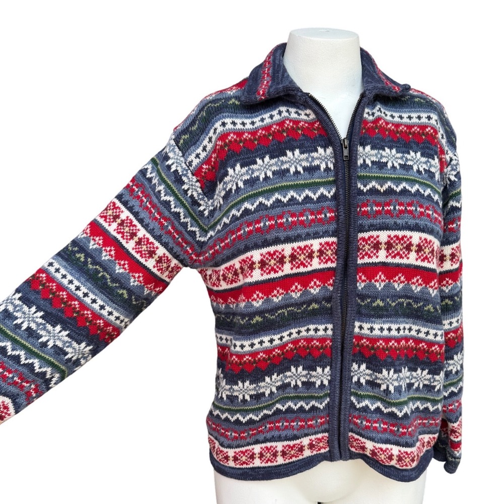 Tiara International Fair Isle Zip Up Cardigan Sweater Medium Blue Red Nordic Ski
